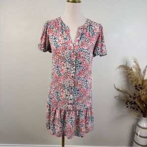 LOFT Dress Women's Short Sleeve Button Ruffle Pink Orange Green Medium Petite